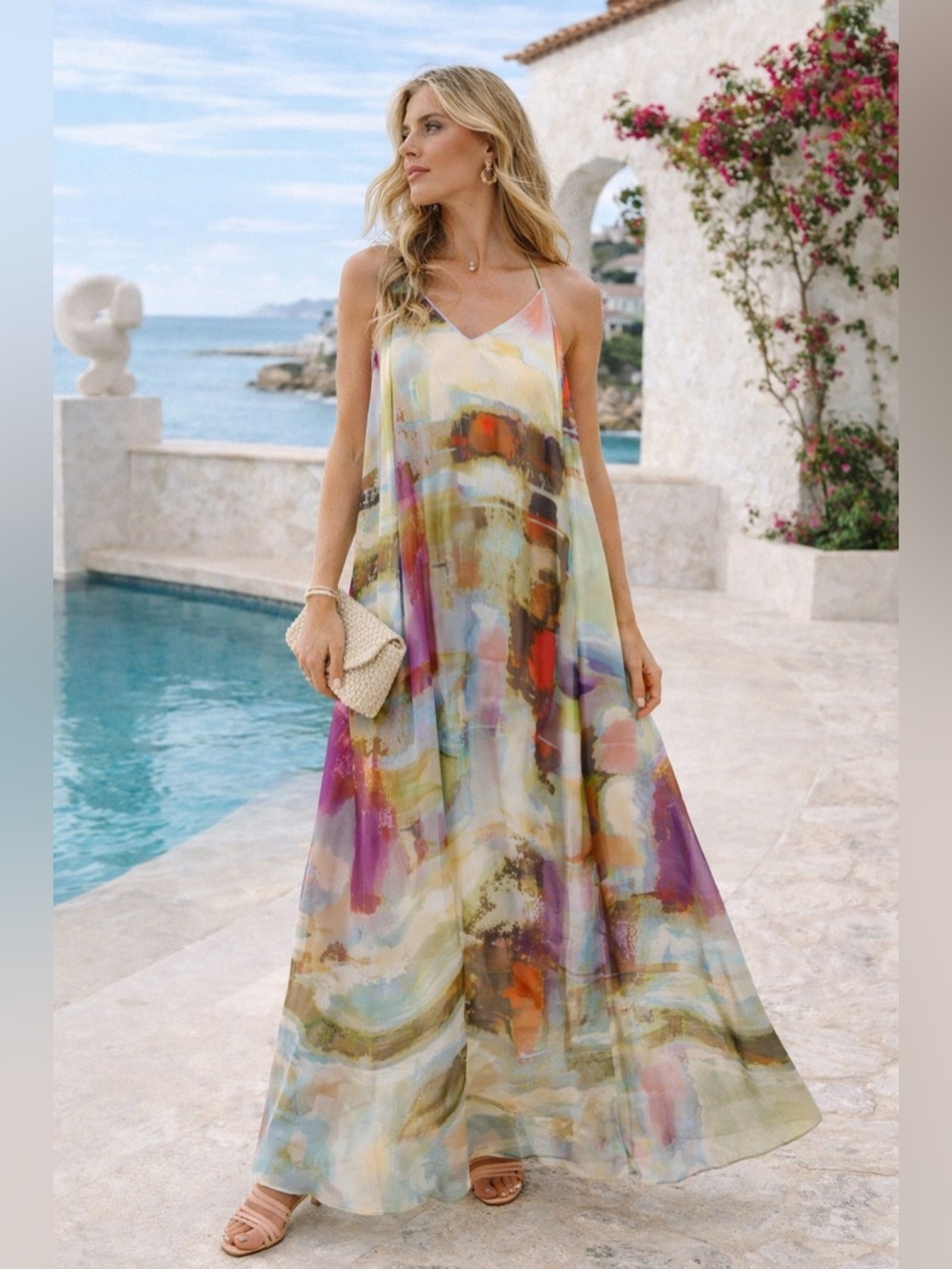 Where Art Meets Vacation-Nicole Miller Lavender Multiwatercolor Maxi Slip Dress